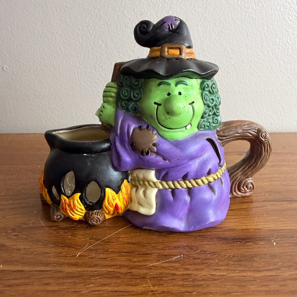 Vintage 2001 Halloween Witch Cauldron Ceramic Candle Holder Luminary